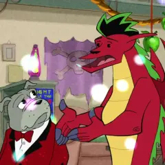 Jake Long, amerykański smok, rozmawia z psem w garniturze. W tle pajęczyna, czaszka i zielone jabłka.