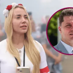 Marianna Schreiber w wianku na głowie, obok wizerunek jej męża.