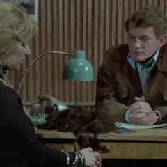 Kobieta z blond włosami i mężczyzna przy biurku. Na biurku leży kępka włosów. Czy to dowód w sprawie? "07 zgłoś się".