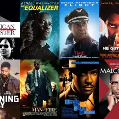 Plakaty filmowe z Denzel Washingtonem: "American Gangster", "The Equalizer", "Flight", "He Got Game", "Training Day", "Man on Fire", "Devil in a Blue Dress", "Malcolm X".