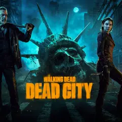 Dwóch bohaterów, Negan i Maggie, stoi na tle zniszczonej Statuy Wolności w mrocznym, postapokaliptycznym mieście. Tytuł "The Walking Dead: Dead City" widnieje na pierwszym planie.