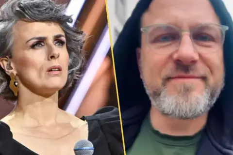 Natalia Niemen z mężem. Artystka na scenie, obok niej zbliżenie na twarz mężczyzny w okularach i z brodą.