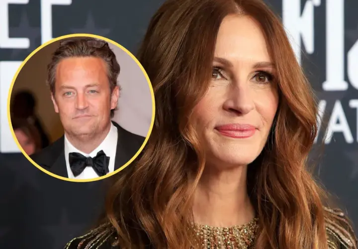 Julia Roberts obok portretu Matthew Perry'ego, aktora znanego z wielu filmów i seriali.