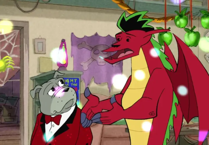 Jake Long, amerykański smok, rozmawia z psem w garniturze. W tle pajęczyna, czaszka i zielone jabłka.