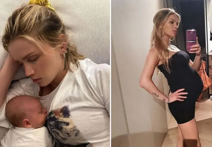 Maffashion w ciąży odpoczywa z dzieckiem na rękach i pozuje w czarnej sukience, prezentując ciążowy brzuszek.