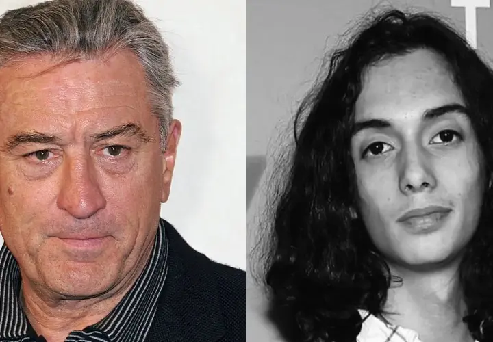 Dwóch aktorów: Robert De Niro i jego syn, Julian De Niro, w czarno-białym kadrze.