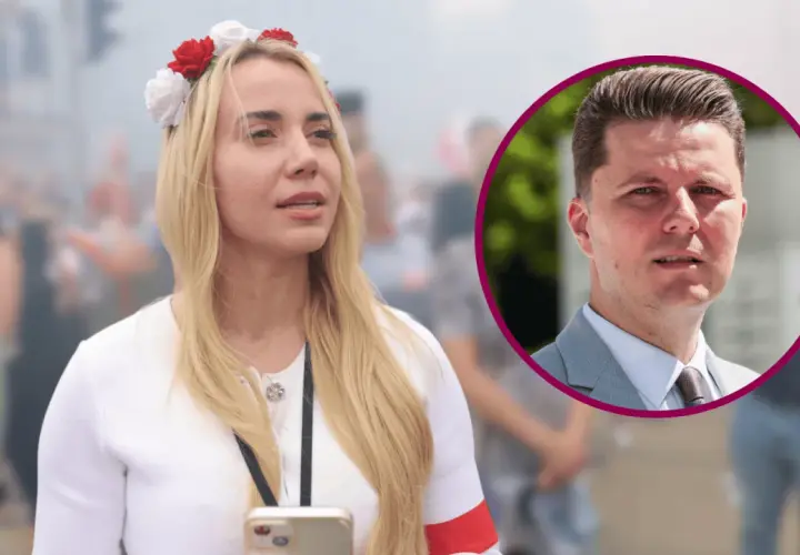 Marianna Schreiber w wianku na głowie, obok wizerunek jej męża.