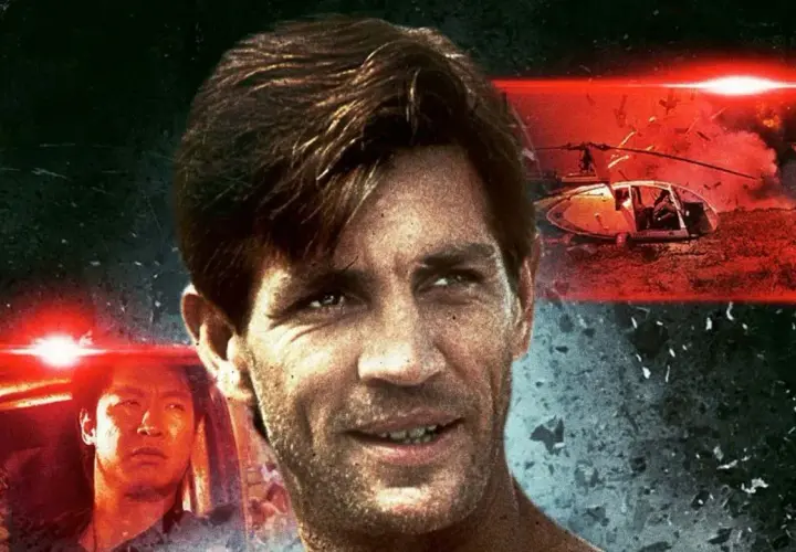 Twarze bohaterów filmu akcji, w tle wybuchający helikopter i samochód. To zapowiedź filmu z najlepszą obsadą.