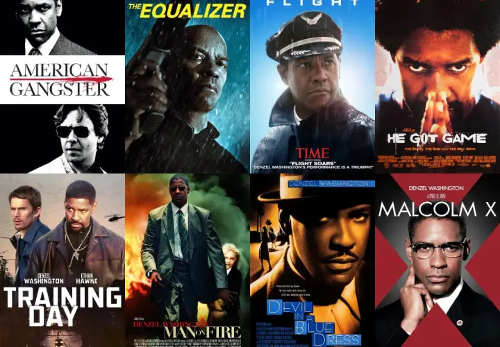 Plakaty filmowe z Denzel Washingtonem: "American Gangster", "The Equalizer", "Flight", "He Got Game", "Training Day", "Man on Fire", "Devil in a Blue Dress", "Malcolm X".