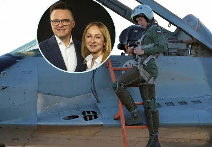 Szymon Hołownia i Urszula Brzezińska-Hołownia na tle myśliwca. Pilotka w kombinezonie i kasku wchodzi po drabinie do kokpitu.