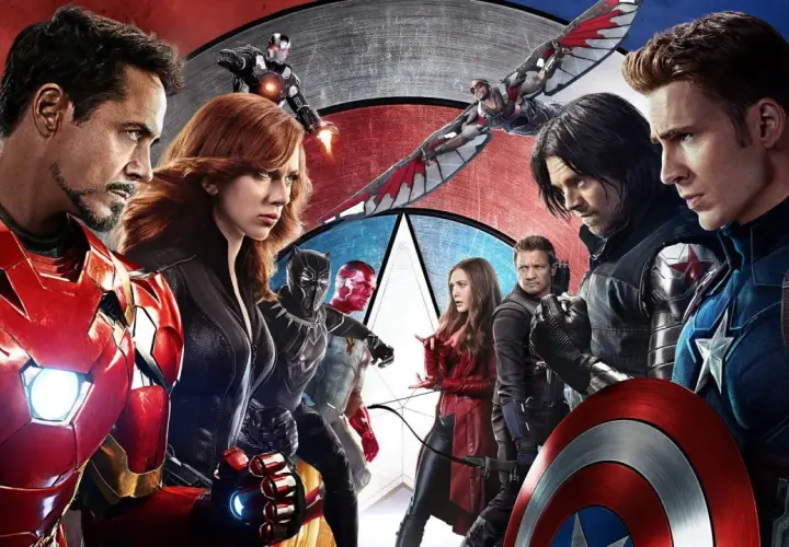 Kapitan Ameryka: Wojna bohaterów. Iron Man, Czarna Wdowa, Czarna Pantera, Vision, Scarlet Witch, Hawkeye, Falcon, Winter Soldier i Kapitan Ameryka w epickiej walce.