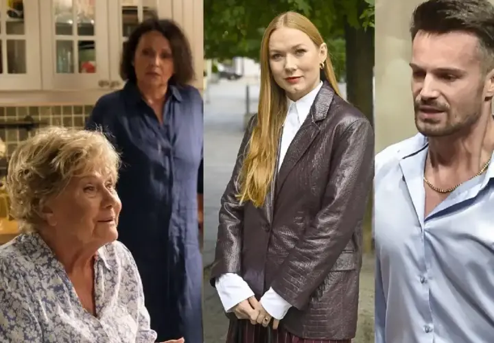 Trzy postacie z serialu "M jak miłość": starsza pani w kwiecistej bluzce, kobieta w brązowej marynarce i mężczyzna w błękitnej koszuli.