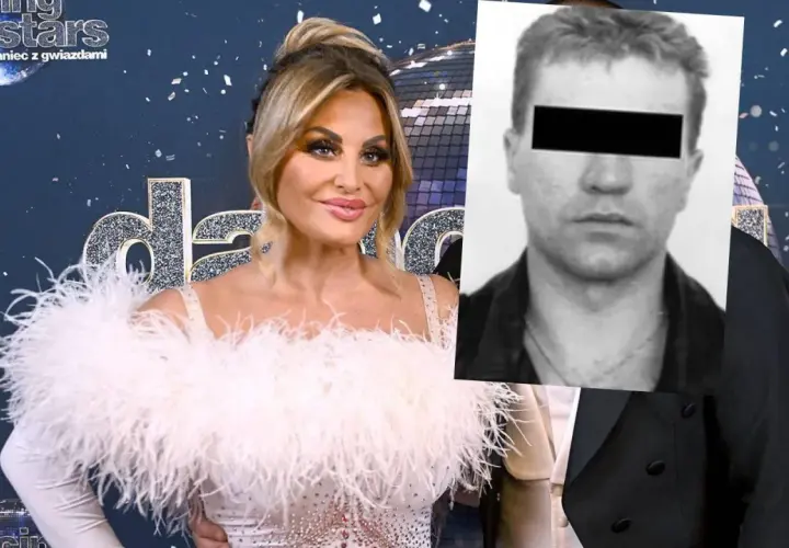 Dagmara Kaźmierska w piórach obok wizerunku jej męża.
