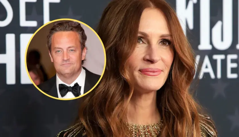Julia Roberts obok portretu Matthew Perry'ego, aktora znanego z wielu filmów i seriali.