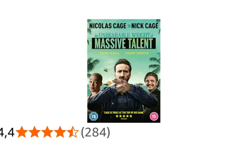 Plakat filmu "Nieznośny ciężar wielkiego talentu" z Nicolasem Cage'em w roli głównej, u boku Pedro Pascala i Tiffany Haddish.