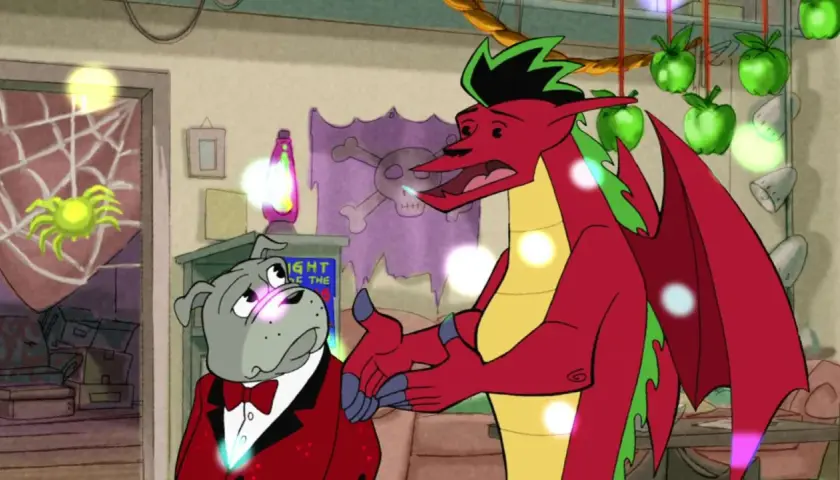 Jake Long, amerykański smok, rozmawia z psem w garniturze. W tle pajęczyna, czaszka i zielone jabłka.