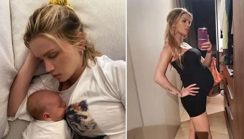 Maffashion w ciąży odpoczywa z dzieckiem na rękach i pozuje w czarnej sukience, prezentując ciążowy brzuszek.