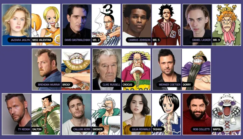 Obsada One Piece: Jazzara Jaslyn jako Miss Valentine, David Dastmalchian jako Mr. 3, Camrus Johnson jako Mr. 5, Daniel Lasker jako Mr. 9, Brendan Murray jako Brogy, Clive Russell jako Crocus, Werner Coetser jako Dorry, Ty Keogh jako Dalton, Callum Kerr...