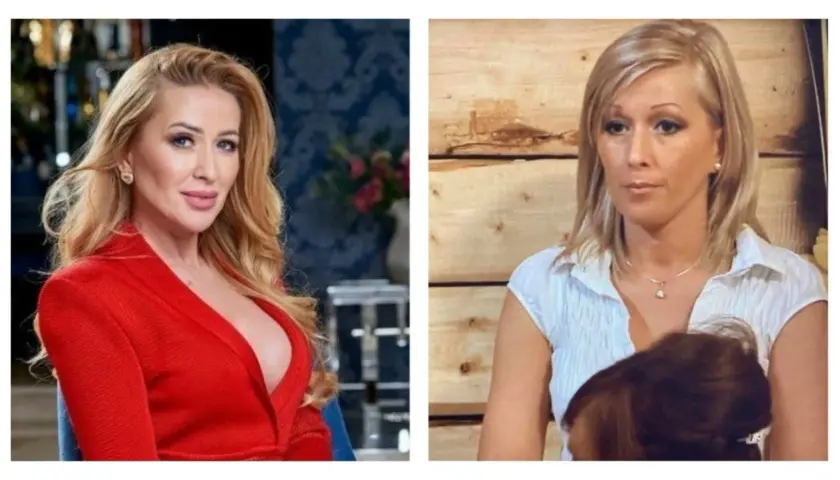 Sylwia Peretti w czerwonej kreacji i w białej koszuli, jakby przed i po metamorfozie w Kuchennych Rewolucjach.