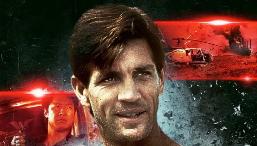 Twarze bohaterów filmu akcji, w tle wybuchający helikopter i samochód. To zapowiedź filmu z najlepszą obsadą.