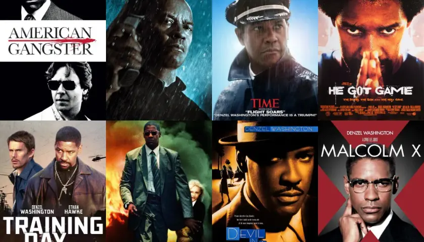 Plakaty filmowe z Denzel Washingtonem: "American Gangster", "The Equalizer", "Flight", "He Got Game", "Training Day", "Man on Fire", "Devil in a Blue Dress", "Malcolm X".