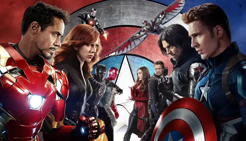 Kapitan Ameryka: Wojna bohaterów. Iron Man, Czarna Wdowa, Czarna Pantera, Vision, Scarlet Witch, Hawkeye, Falcon, Winter Soldier i Kapitan Ameryka w epickiej walce.