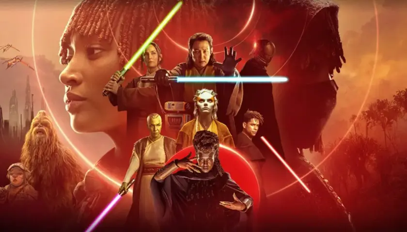Plakat Star Wars Acolyte: grupa postaci z mieczami świetlnymi, w tym Chewbacca, na tle galaktycznego miasta i lasu.