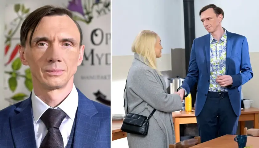 Mężczyzna w niebieskiej marynarce, być może mąż Anny Ilczuk, wita się z kobietą.
