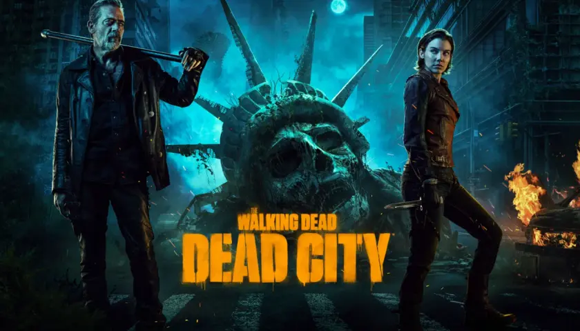 Dwóch bohaterów, Negan i Maggie, stoi na tle zniszczonej Statuy Wolności w mrocznym, postapokaliptycznym mieście. Tytuł "The Walking Dead: Dead City" widnieje na pierwszym planie.