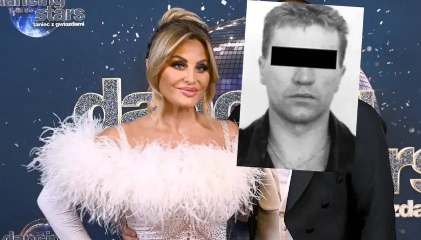 Dagmara Kaźmierska w piórach obok wizerunku jej męża.