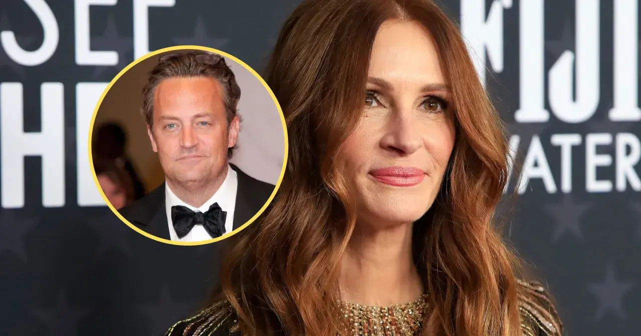 Julia Roberts obok portretu Matthew Perry'ego, aktora znanego z wielu filmów i seriali.