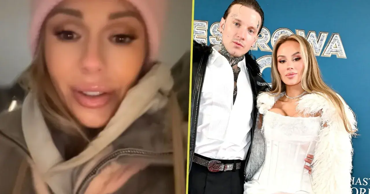 Smolasty i Doda na dwóch ujęciach: ona w różowej czapce i kurtce, on w skórzanej ramonesce i z tatuażami, ona w białej sukni i futrze.