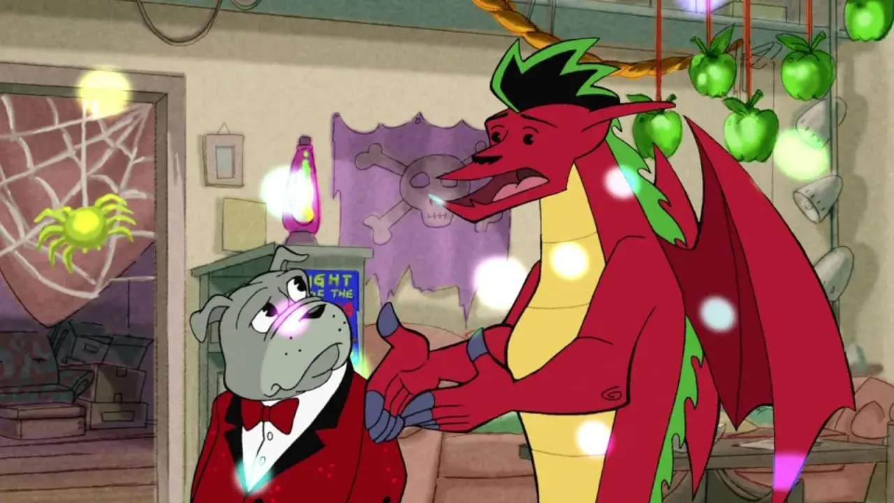 Jake Long, amerykański smok, rozmawia z psem w garniturze. W tle pajęczyna, czaszka i zielone jabłka.