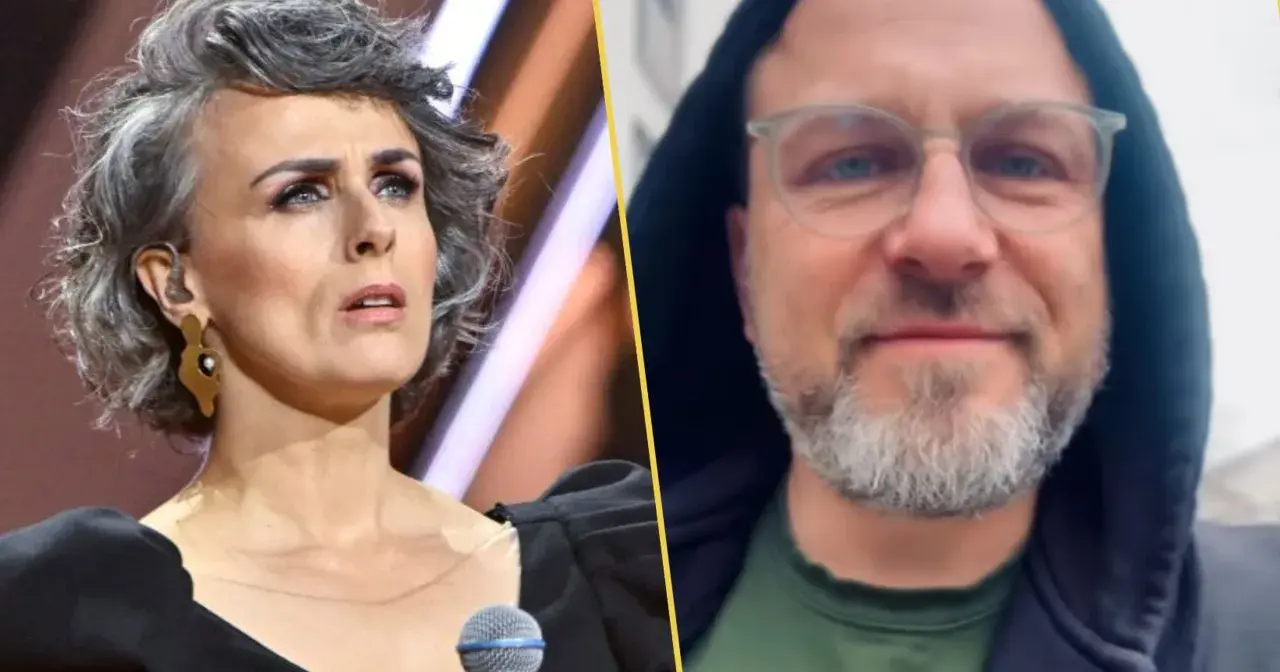 Natalia Niemen z mężem. Artystka na scenie, obok niej zbliżenie na twarz mężczyzny w okularach i z brodą.
