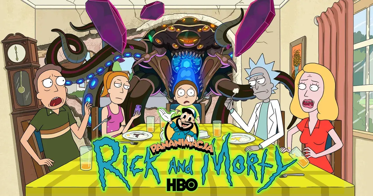 Rodzina Smithów przy stole, a za nimi potworne istoty z kosmosu. Rick Sanchez i Morty Smith w centrum, jak zawsze w centrum kosmicznych przygód.