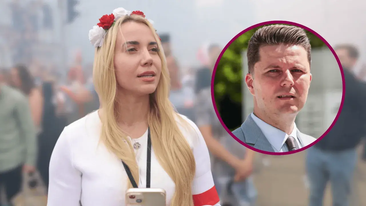 Marianna Schreiber w wianku na głowie, obok wizerunek jej męża.