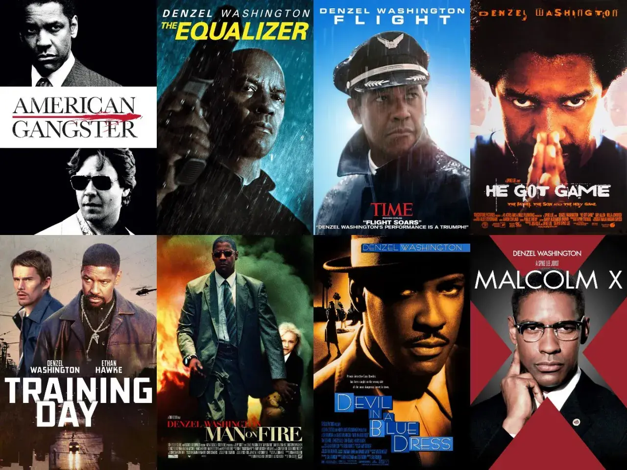 Plakaty filmowe z Denzel Washingtonem: "American Gangster", "The Equalizer", "Flight", "He Got Game", "Training Day", "Man on Fire", "Devil in a Blue Dress", "Malcolm X".