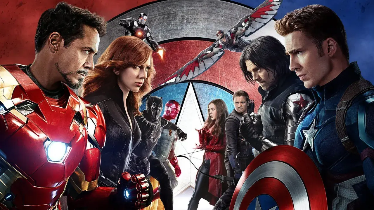 Kapitan Ameryka: Wojna bohaterów. Iron Man, Czarna Wdowa, Czarna Pantera, Vision, Scarlet Witch, Hawkeye, Falcon, Winter Soldier i Kapitan Ameryka w epickiej walce.