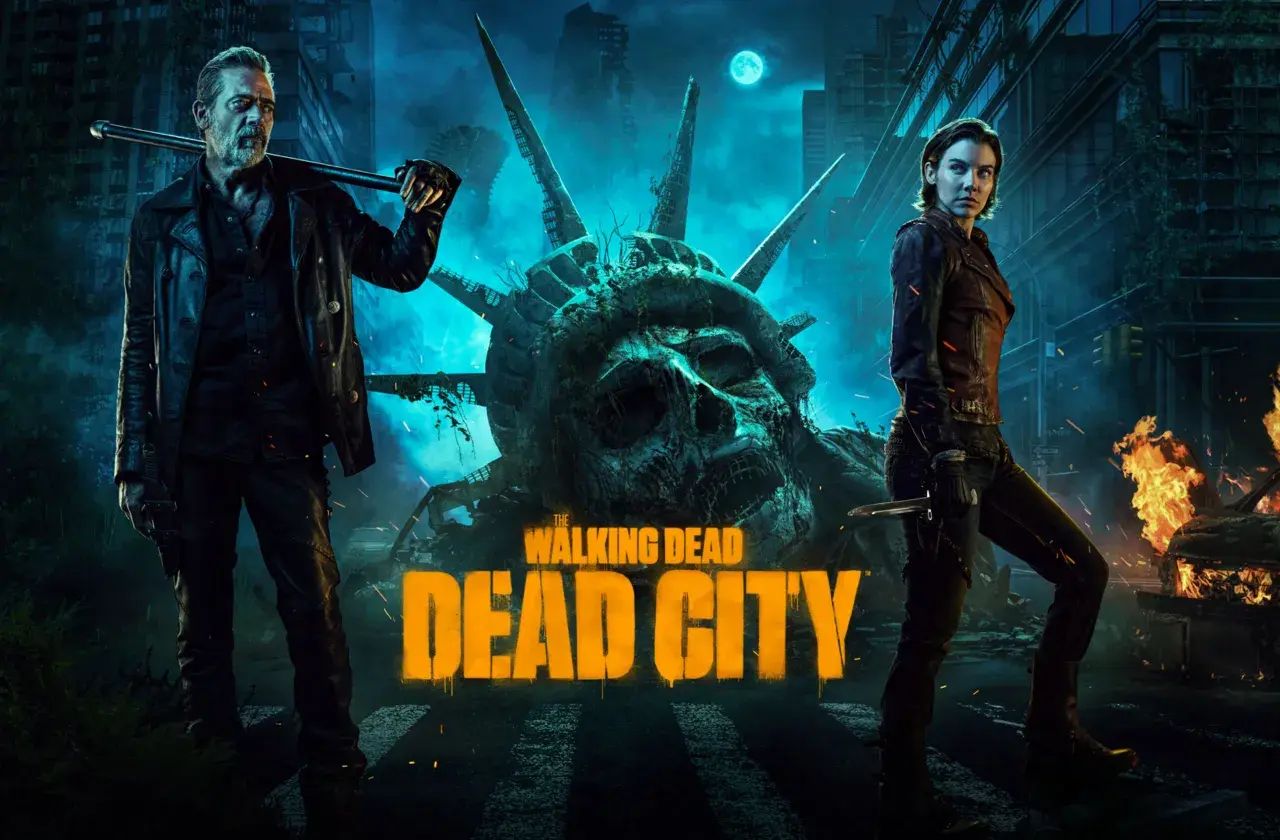 Dwóch bohaterów, Negan i Maggie, stoi na tle zniszczonej Statuy Wolności w mrocznym, postapokaliptycznym mieście. Tytuł "The Walking Dead: Dead City" widnieje na pierwszym planie.