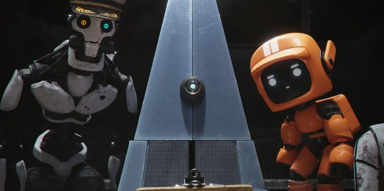 Dwa roboty, jeden w wojskowym kapeluszu, drugi pomarańczowy, stoją obok siebie. To scena z 