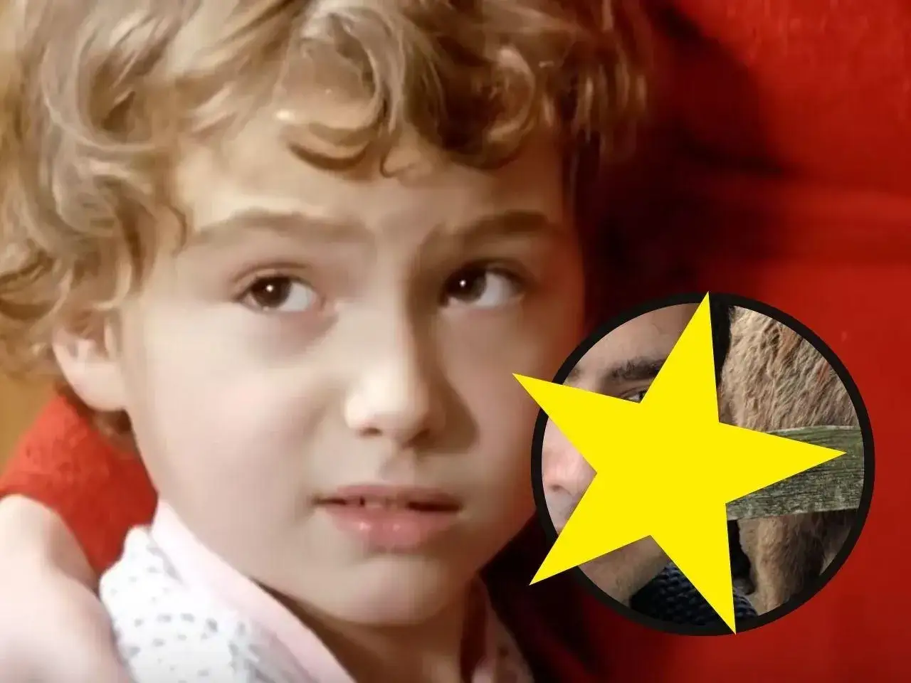 Mały Piotruś z Kogel Mogel 2018, zamyślony, obok niego w kółku żółta gwiazda i fragment twarzy mężczyzny.