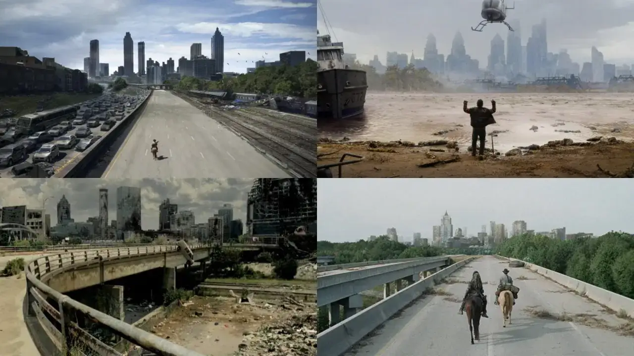 Sceny z The Walking Dead: Dead City – zniszczone miasta, puste autostrady z samochodami, ludzie na koniach i helikopter nad wodą pełną ciał.
