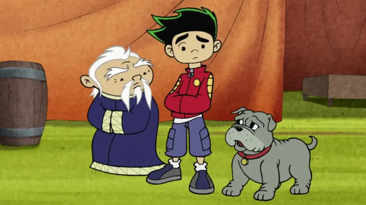 Jake Long, jego dziadek i pies Fu w smutnej scenie.