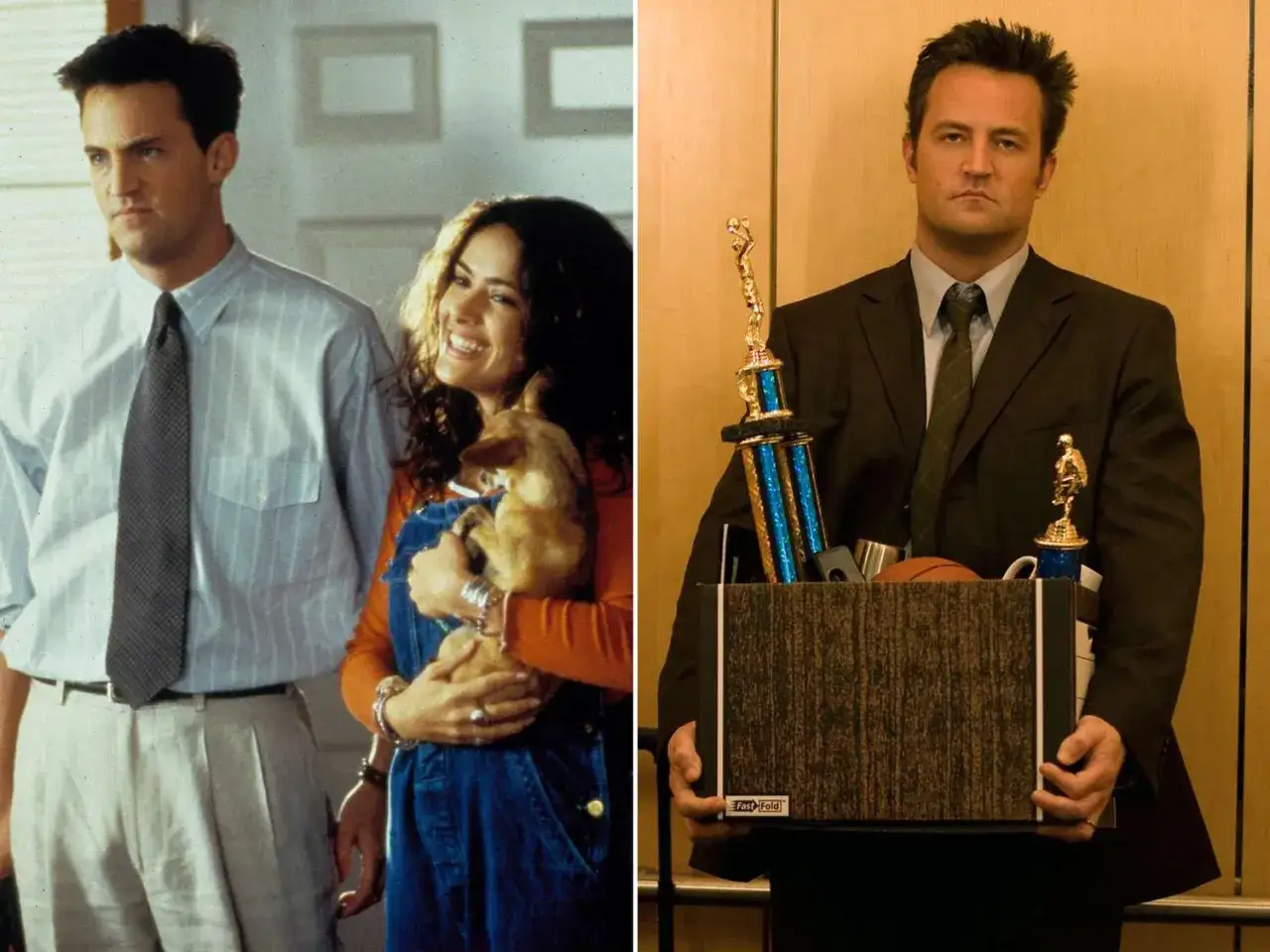 Matthew Perry w filmach: z uśmiechniętą kobietą i psem, a potem z pudełkiem pełnym trofe&oacute;w i pamiątek.