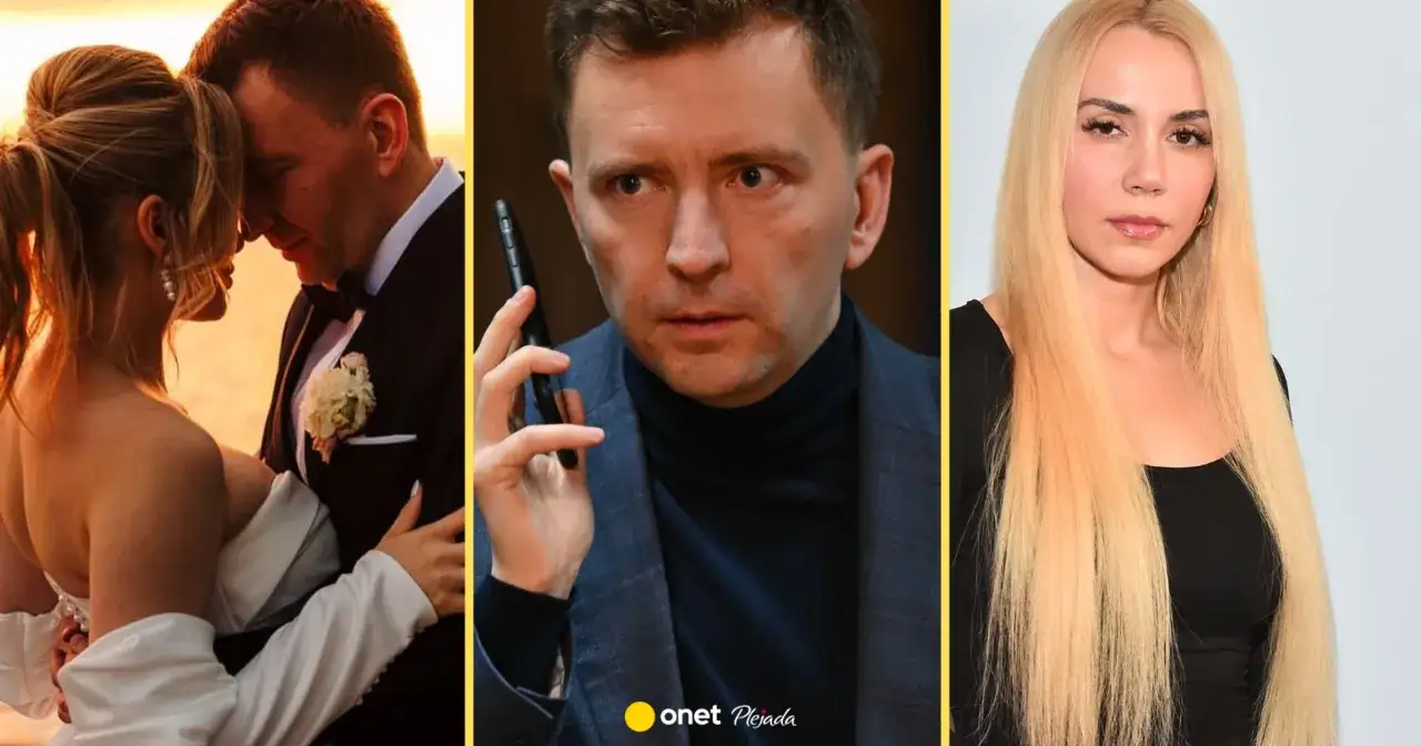 Marianna Schreiber z mężem w dniu ślubu, obok mężczyzna z telefonem i kobieta z długimi blond włosami.