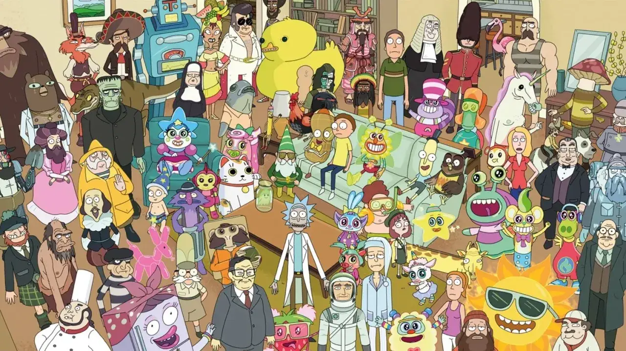 Tłum postaci z Rick and Morty, w tym Rick, Morty, Summer, a także wiele innych dziwacznych stworzeń i postaci z różnych wymiarów.