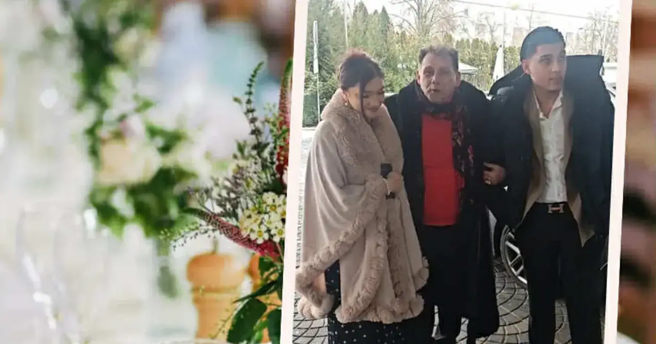 Viki Gabor z mężem i rodziną na uroczystości.