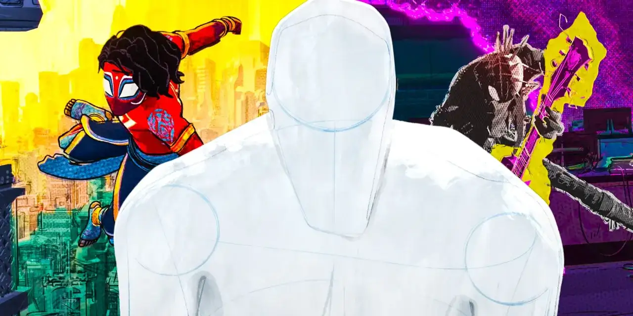 Postacie z filmu Spider-Man: Poprzez multiwersum: Peni Parker, Spider-Punk i nieokreślona postać w białym szkicu.