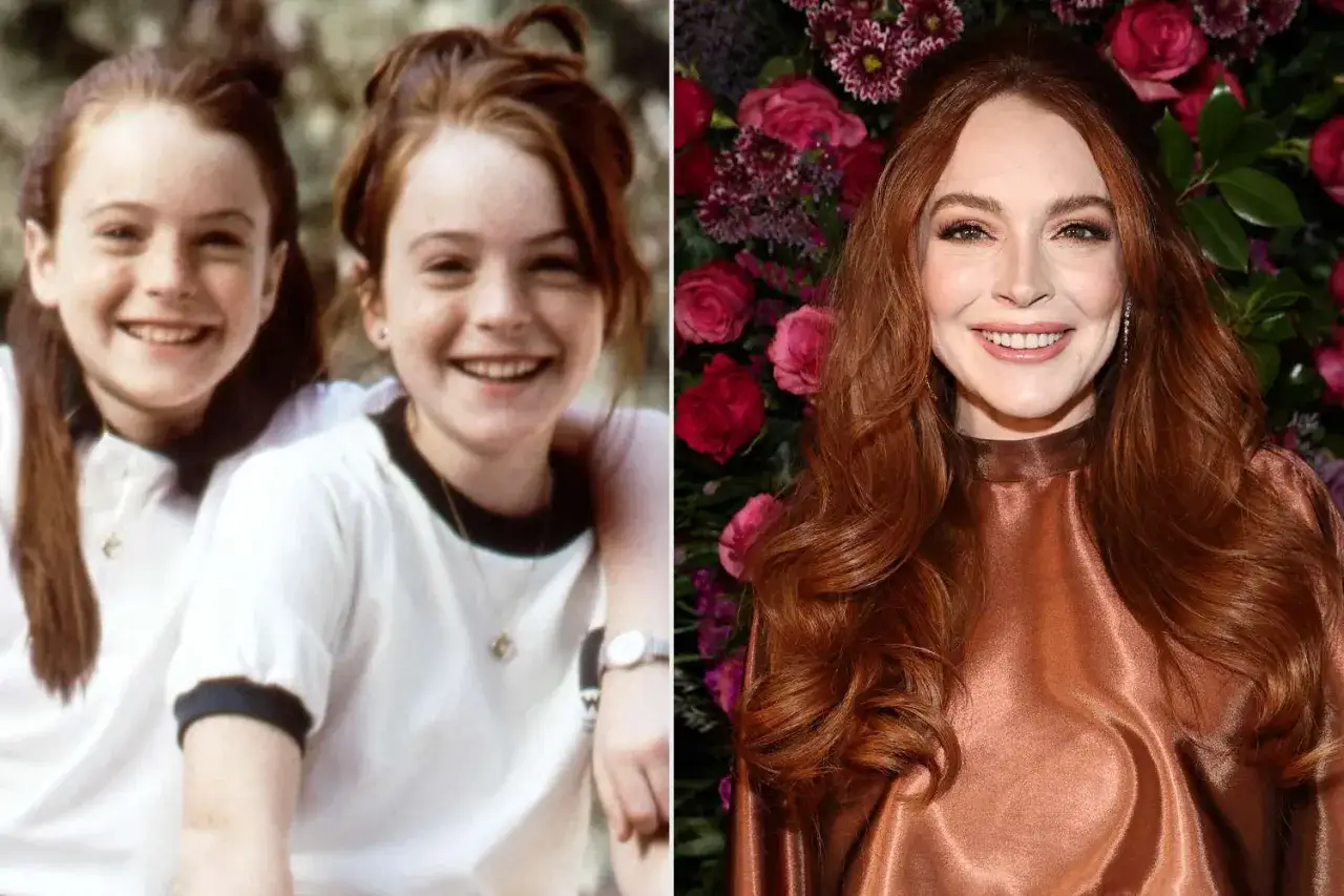 Nie wierzcie bliźniaczkom obsada: Lindsay Lohan jako Hallie i Annie, oraz współczesna Lindsay Lohan na tle kwiatów.