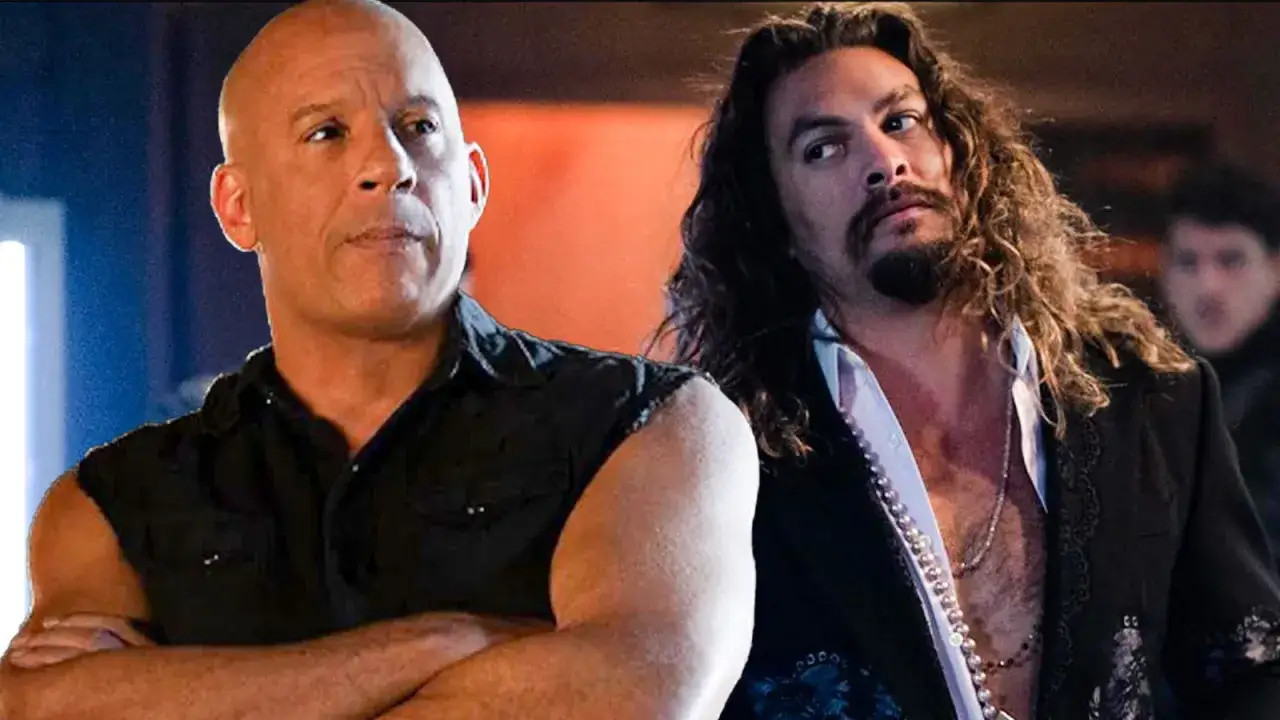 Vin Diesel i Jason Momoa, gwiazdy filmu Szybcy i wściekli 10 obsada, w dramatycznych pozach.